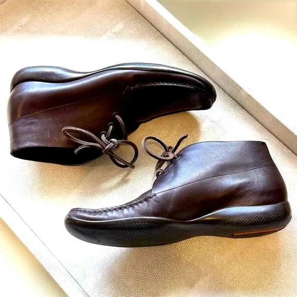 Prada Women’s Brown Leather Ankle Boots- Red Prada Stripe Sole - Made in Italy - Picture 9 of 10